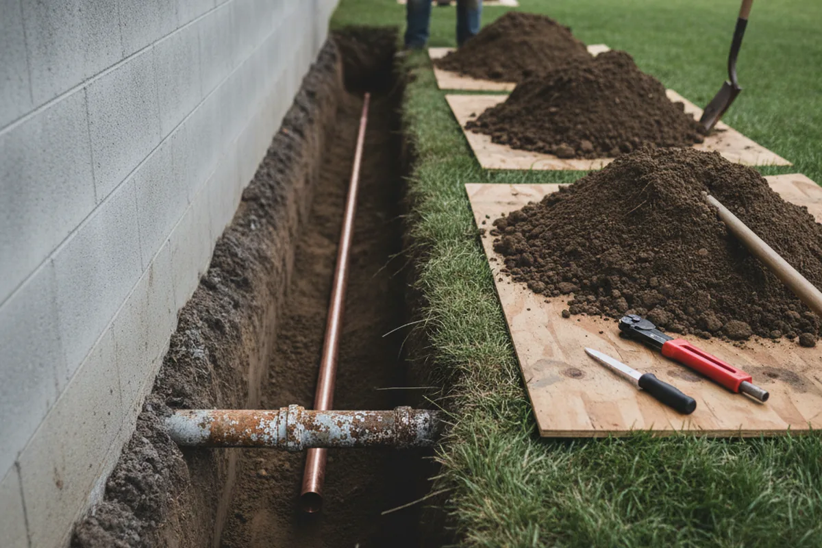 Excavated water line trench during Water Softener Installation in Sandy Ridge
